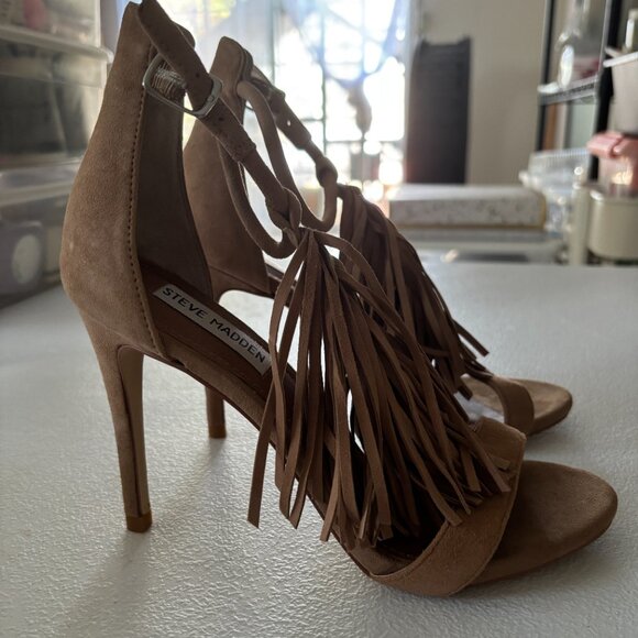 Steve Madden Sashi Fringe Suede Sandals High Heels Taupe Tan 7.5 - Picture 11 of 12